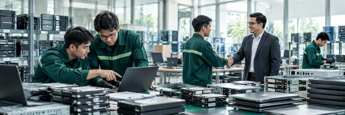Tim Retron memeriksa data aset di laptop dan berjabat tangan dengan klien