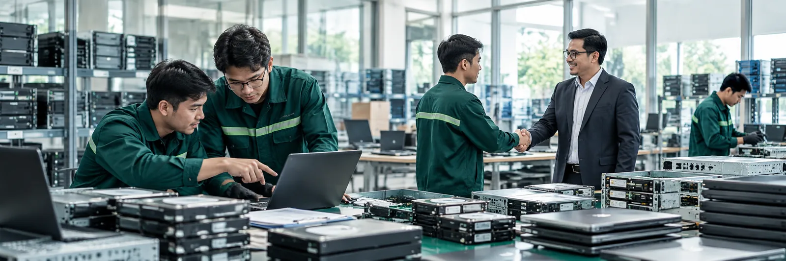 Tim Retron memeriksa data aset di laptop dan berjabat tangan dengan klien