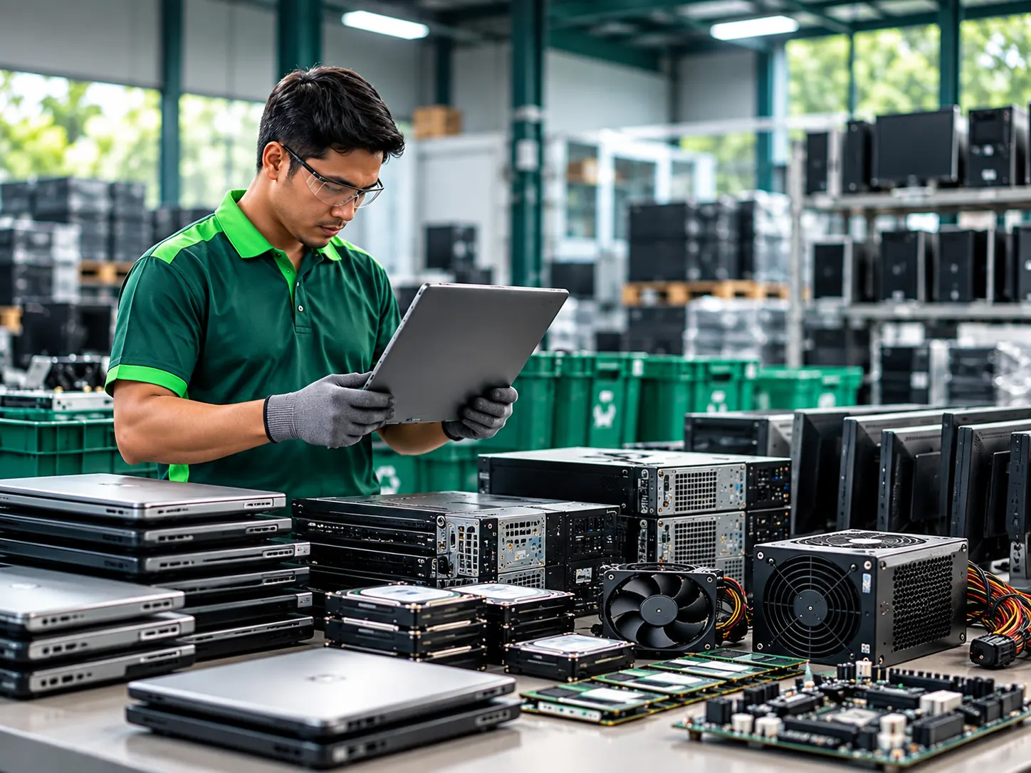 Teknisi Retron memilah PC dan laptop bekas perusahaan sebelum proses daur ulang limbah elektronik