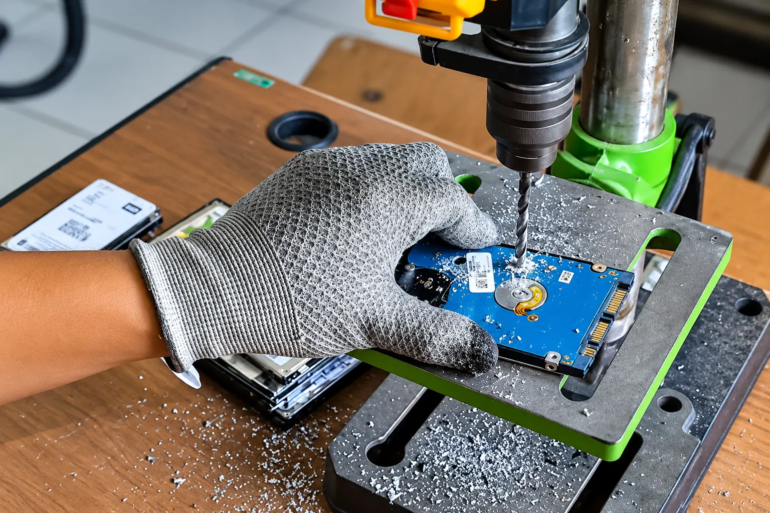 Piringan harddisk dibor hingga rusak agar data tidak bisa dipulihkan