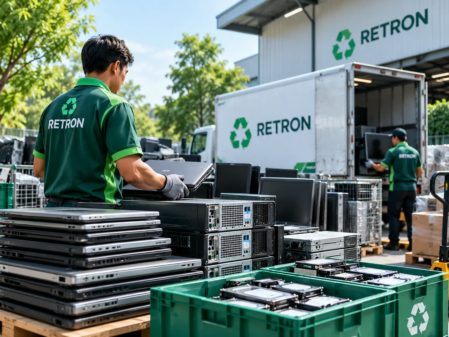 Laptop, PC, server, dan hard drive bekas perusahaan di samping tempat daur ulang untuk proses daur ulang limbah elektronik