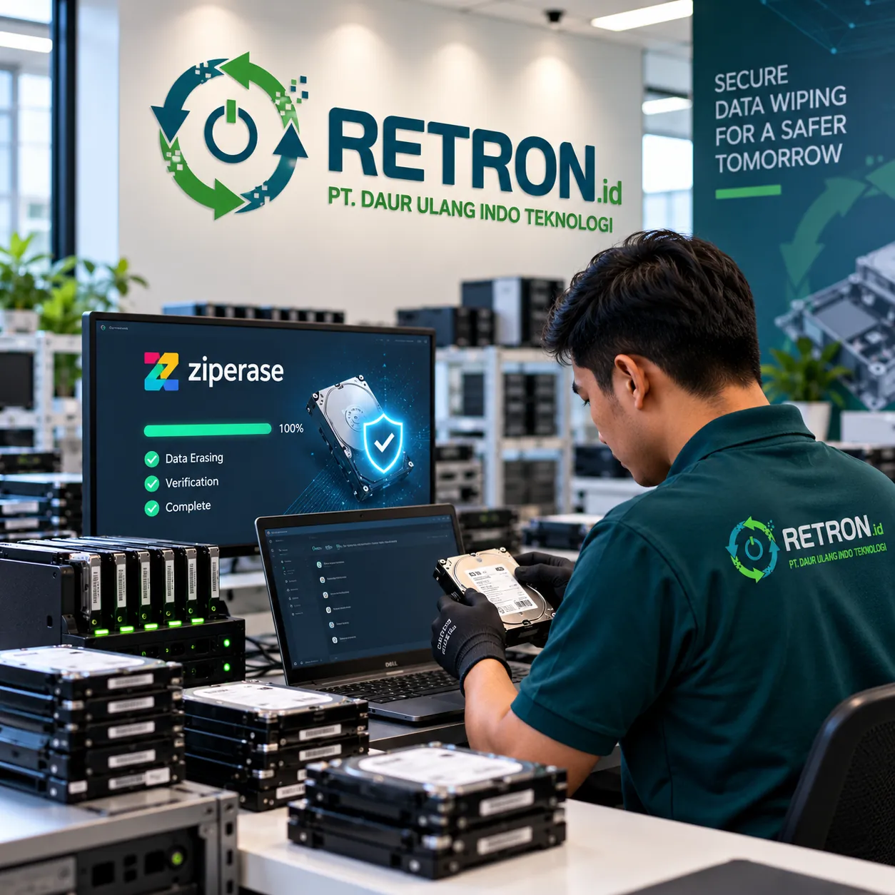 Teknisi Retron memeriksa harddisk sebelum proses penghapusan data