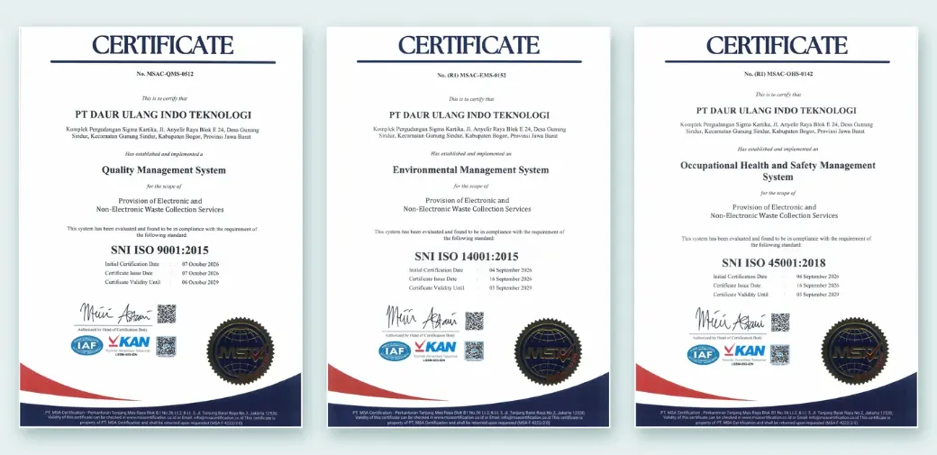 Sertifikat SNI ISO 9001, ISO 14001, dan ISO 45001 PT Daur Ulang Indo Teknologi